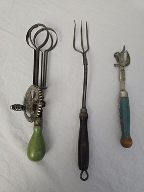 Vtg A&J Can Opener Hand Mixer Beater Meat Fork Lot of 3 Vintage Wood Handle